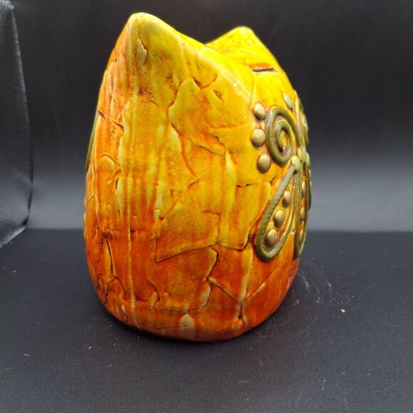 Vintage Ceramic Fitz & Floyd Owl Coin Bank Embossed Floral Orange-Green READ - Picture 5 of 8